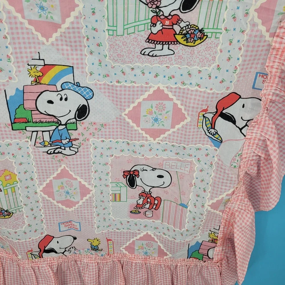 Peanuts Snoopy Belle Ruffled Curtain Panels Pink Gingham Vintage Nursery Decor